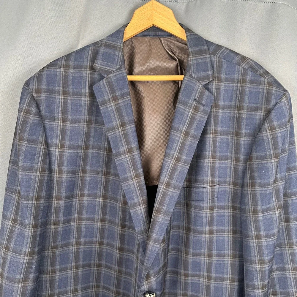 Trunk Club Custom Mens Blue Brown Plaid Wool Blend Blazer Sport Coat C203 50R